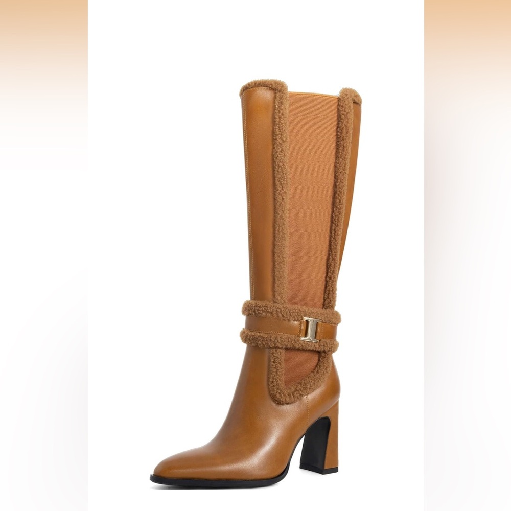 Hochfart Women's Tall Tan Shearling-Trim High Heel Boot